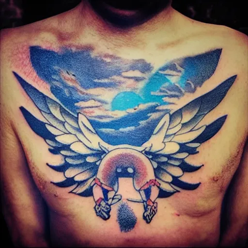 Image similar to tatoo art of icarus flying over some ruins