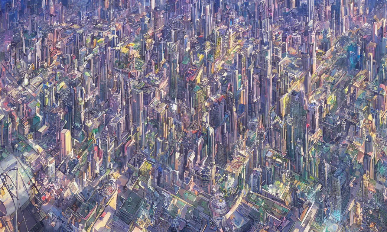 Image similar to futuristic city, illustration painting, oil on canvas, intricate, hd, digital art, overdetailed art, complementing colors, detailed, illustration painting by alex gray, digital art, moebius