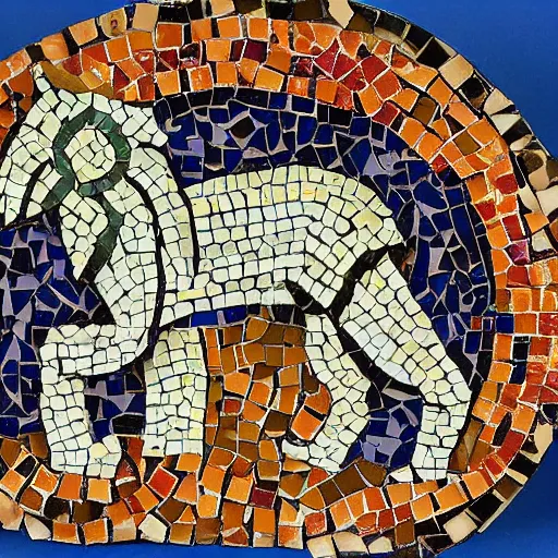 Image similar to mosaic sculpture of a chimera!!!, irregularly shaped mosaic tiles, hand glazed pottery shards, in the style of folk art, in a cottagecore flower garden