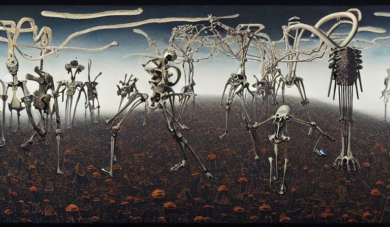 Image similar to still frame from Prometheus by Yves Tanguy and utagawa kuniyoshi, Vast hell plains with resurrecting arcane mycelium biomechanical giger cyborg skeletons in style of Jakub rozalski with character designs by Neri Oxman, metal couture haute couture editorial