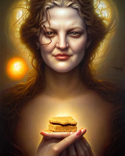 Image similar to detailed portrait of drew barrymore marshmallow chocolate graham cracker beautiful! by tomasz alen kopera and peter mohrbacher and johanna martine! and margaret keane! elegant alluring luminescent