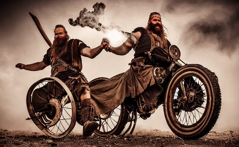 Image similar to old vintage full body photo of ancient viking warrior with full beard riding on the complex steam punk engine with one wheel, extreme sports photography ,super high speed photography, dynamic photography,symmetrical face, clean face, muscular body, high speed,dirt and grawel in air, lens flares, dust partiles in the air, dramatic lighting, intricate, highly detailed, centered, smooth, sharp focus, sports photography, old photo, black and white, sepia, cinematic lighting, cinematic angle, national geographic