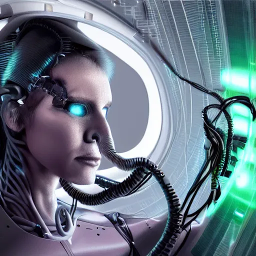 Image similar to the torso of fully a mechanical terminator lady with borg implants, human face and robotic snakes coming out of her head is hanging from cables and wires off the ceiling of an futuristic computer lab and plugged into a quantum computer. Her bottom half is missing with cables hanging out. She is taking a sip from a cup of coffee. Tiny green led lights in her cybernetics. very detailed 8k. Cyberpunk horror style.