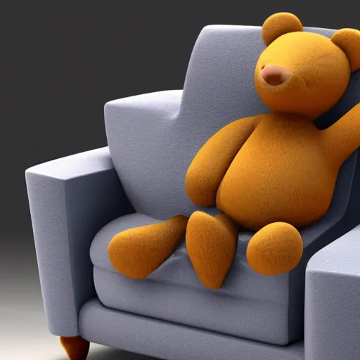 Image similar to loving cartoon bear and cartoon cat sitting in couch, cgi render