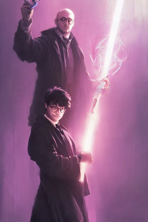 Image similar to portrait of Harry Potter with faciap in cyberpunk, neon lighting, holding laser wand, digital art from artstation by Ruan Jia and Mandy Jurgens and Artgerm and william-adolphe bouguereau and Greg Rutkowski and Wayne Barlowe