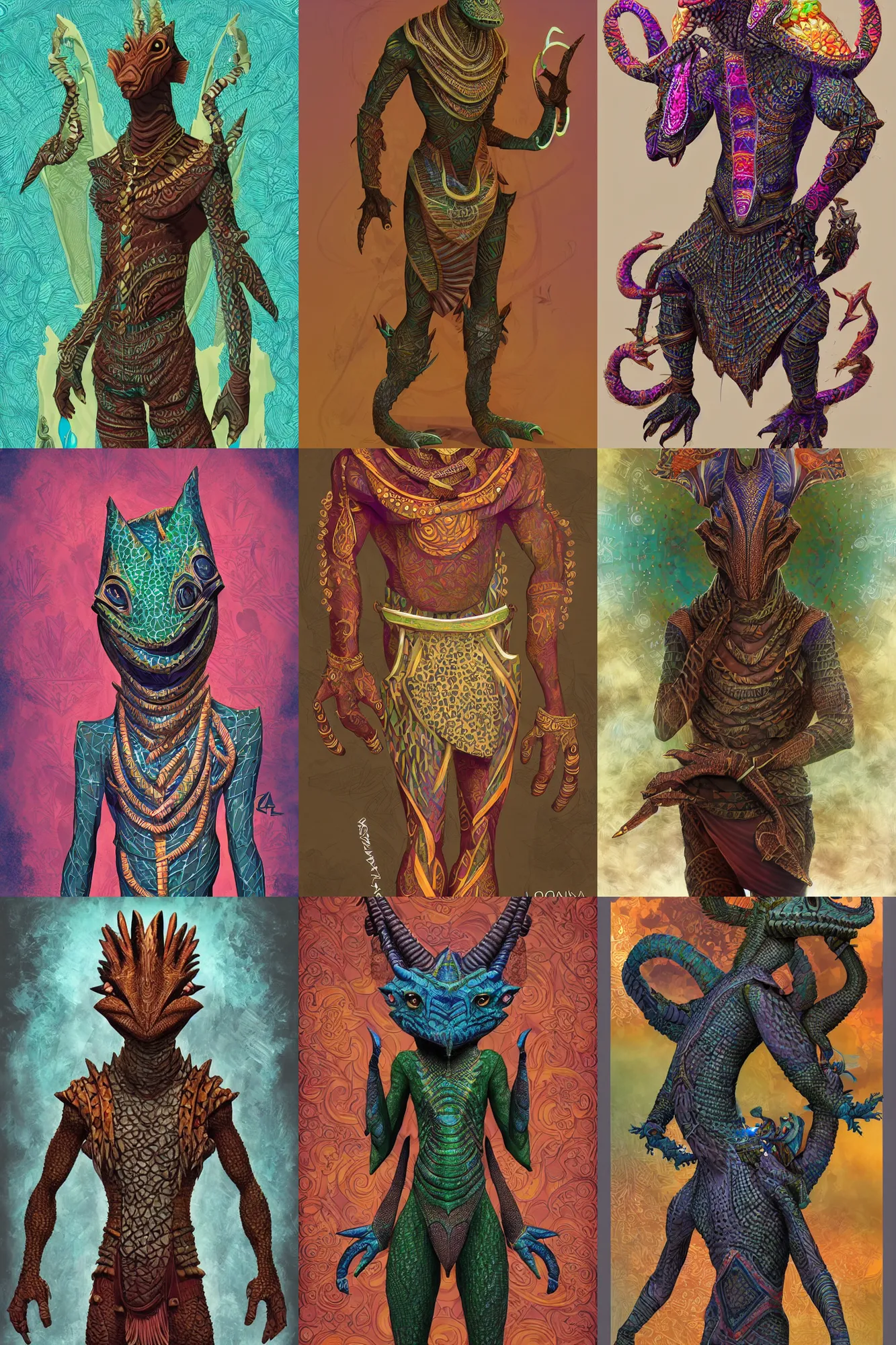 Prompt: african argonian! body! in full, entire body, epic fantasy beautiful anthropomorphic sentient creature male elegant tribal clothing digital art by loish and oriana menendez and alexandre chaudret west africa patterns colorful style body, smooth, artstation, unreal, foggy, atmospheric, bloom, vignette