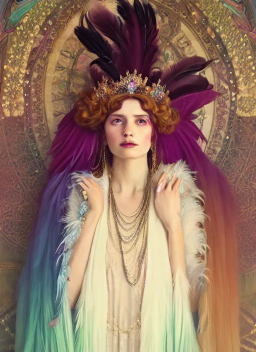 Image similar to ombre velvet gown, feathers, lovely queen, portrait, long white hair, tiara, dozens of jeweled necklaces, feral languid woman, by greg rutkowski, anato finnstark, alphonse mucha, global illumination, radiant light