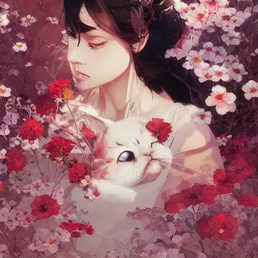 Image similar to kittens in flowers, intricate complexity, by greg rutkowski, artgerm, ross tran, conrad roset, takato yomamoto, ilya kuvshinov. 4 k, beautiful, cinematic dramatic atmosphere