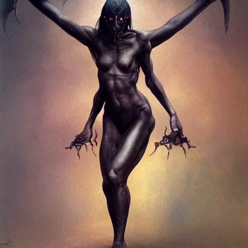 Prompt: dark elf woman, shiny skin, tight abs, concept art, beksinski