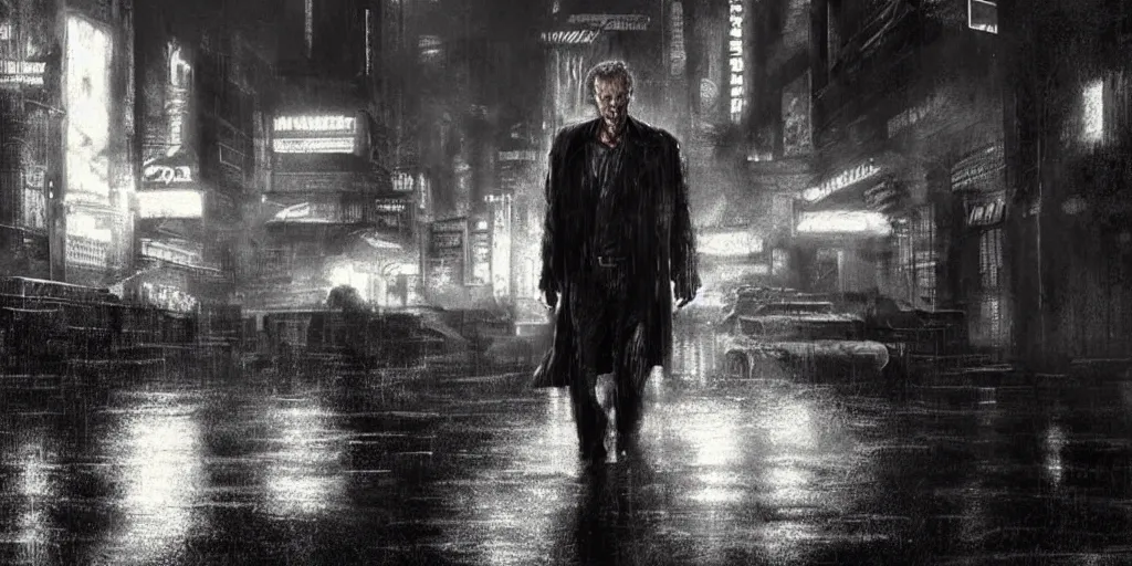 Prompt: digital art of clint eastwood, close look, in blade runner posing on a neon rainy vague street in headlights matte painting, concept art, detailed, photo realism