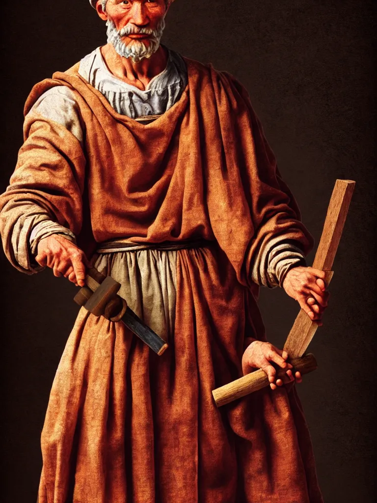 Image similar to a college aged michelangelo wearing peasant clothing of the renaissance holds a chisel in one hand and a mallet in the other, photorealistic, hyperdetailed, studio lighting, octane render, caustics