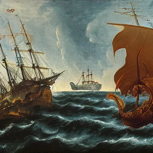 Prompt: Cthulhu looming over the ocean, wide oil painting, 17th-century ship in foreground