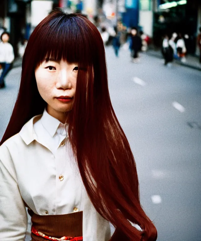 Image similar to a portrait, street photograph shot on cinestill 5 0 d, a cute japanese woman in nineties fashion with modest make up, hair dyed to a hazelnut brown, shot in shibuya tokyo on a 3 5 mm at f / 2. 8 and 1 / 1 2 0 0 shutter speed, print magazine quality, nostalgia, 8 k