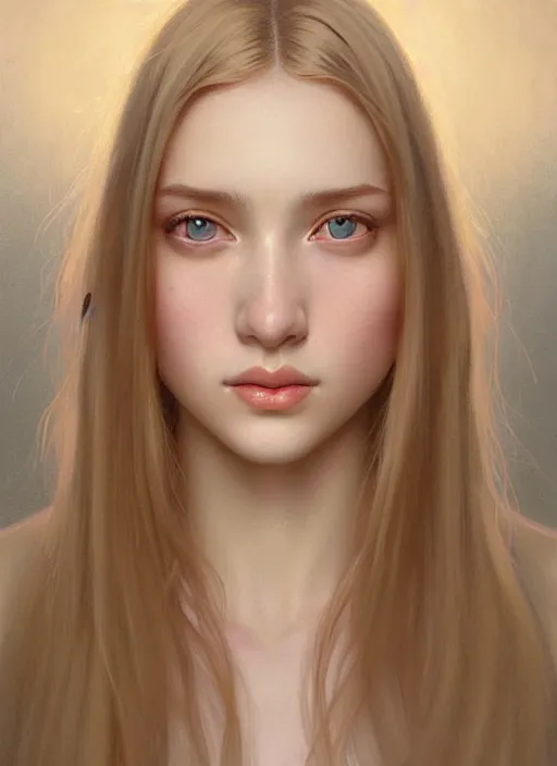 Image similar to symmetrical face!! portrait of young woman blessed with ever - increasing physical and mental perfection, realism, blonde hair, perfect face!! intricate, elegant, highly detailed, vision of holy perfection!! digital painting, artstation, concept art, smooth, sharp focus, illustration, humanity, art by artgerm and greg rutkowski and alphonse mucha