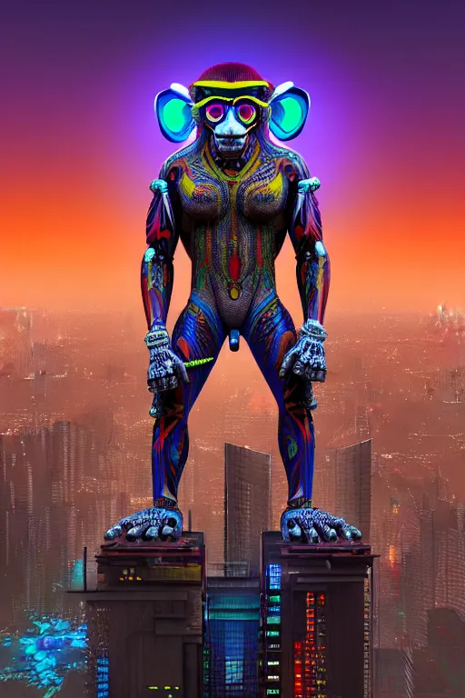 Image similar to high quality 3 d render stylized mischievous cyborg muscular man monkey hybrid, neon madhubani, highly detailed, cyberpunk!! mumbai in the background, unreal engine cinematic smooth, szukalski ravi varma, moody light, low angle, uhd 8 k, sharp focus