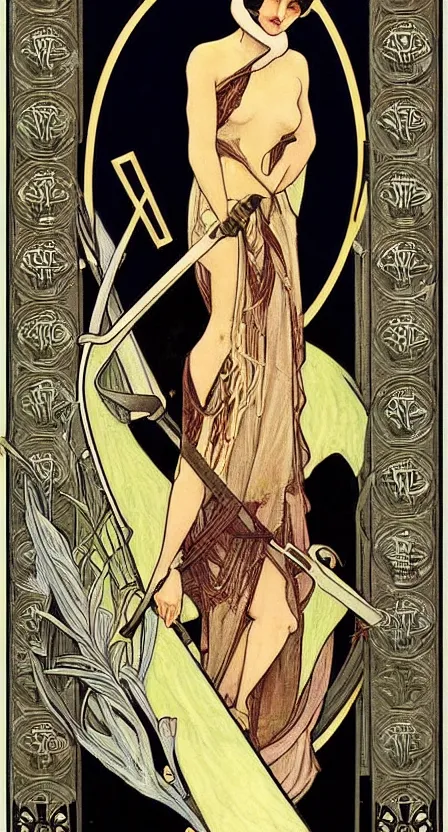 Prompt: an art deco tarot card of the grim reaper with a scythe, digital painting by tamara de lempika and an elegant border by alphonse mucha.