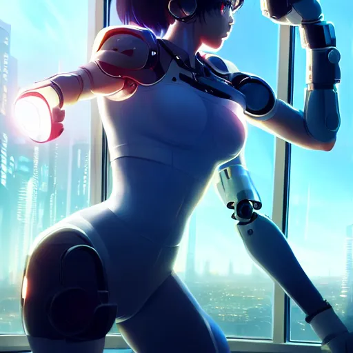 Image similar to beautiful cyborg girl punching through a large reflective window, window reflections, reflective, mirror reflection, refractions on lens, full round face, biomechanical details, cyberpunk anime art, full body shot, lens flare, wlop, ilya kuvshinov, artgerm, krenz cushart, greg rutkowski