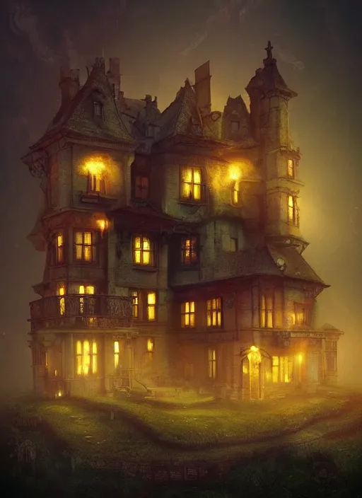 Image similar to glowing mansion in burning vapor dramatic lighting, artstation, matte painting, alexander fedosav, alexander jansson