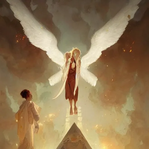 Image similar to priests crying while angels fly above them geog darrow greg rutkowski
