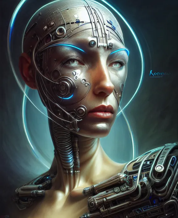 Image similar to portrait shot of a cyberpunk robot, intricate, elegant, highly detailed, centered, digital painting, artstation, concept art, smooth, sharp focus, illustration, artgerm, tomasz alen kopera, peter mohrbacher, donato giancola, joseph christian leyendecker, wlop, boris vallejo