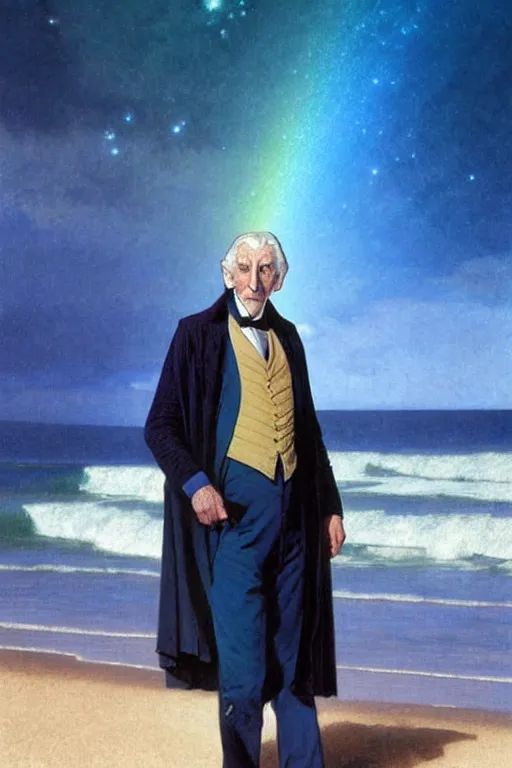 Prompt: the first doctor, william hartnel on a beach, wearing a blue shirt with horizontal rainbow stripe, the ocean in the background, swirling colourful stars in the background, art by artgerm and greg rutkowski and alphonse mucha