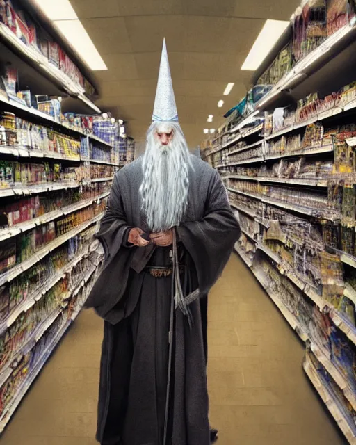 Image similar to gandalf wearing a wizard hat, stacking supermarket shelves craig mullins, cinematic lighting, gloomy