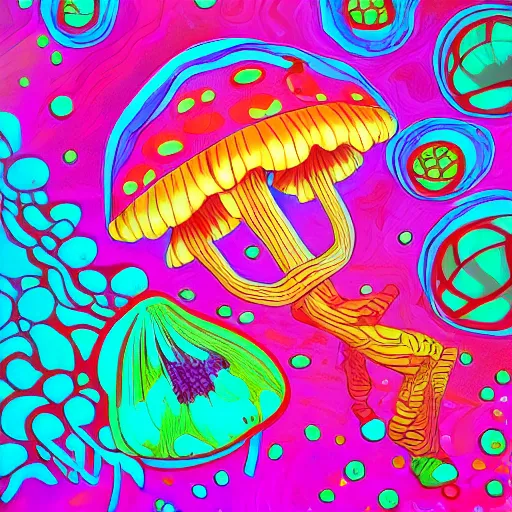 Prompt: trippy mushrooms, acrilic paint, digital, artstation
