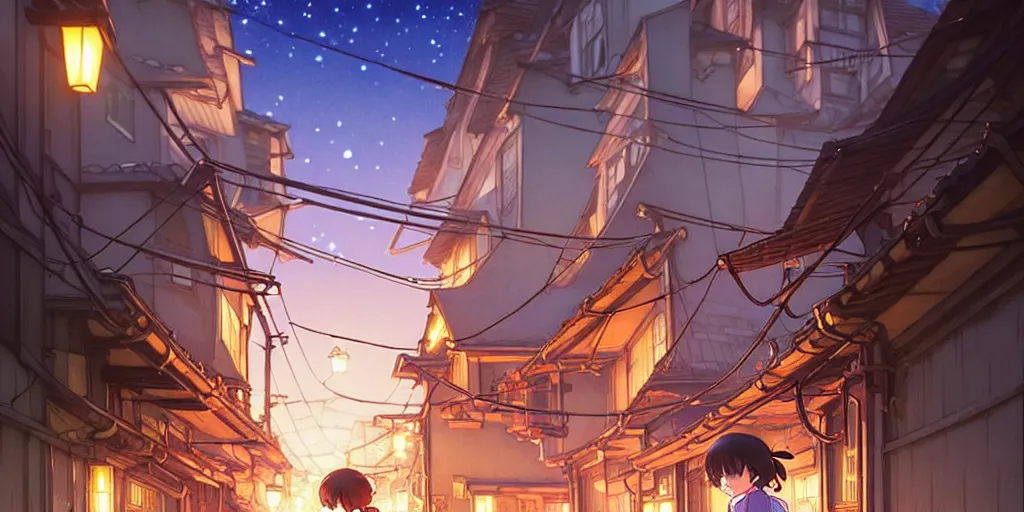 Image similar to the girl and the alley. anime, cozy village, at night after rain, clear night sky, lanterns. by hayao miyazaki and rossdraws and artgerm and greg rutkowski and alphonse mucha. anime production by studio ghibli. high quality, stunning, intricate detailed environment. 8 k
