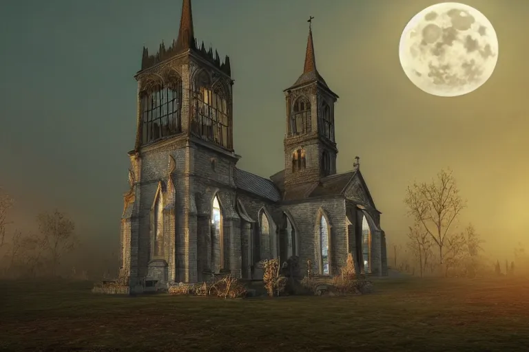 Image similar to an ultra detailed animation of a church steeple in a graveyard at midnight on halloween, digital art, dark fantasy, concept art, soulslike, by alphonse mucha, blood moon eclipse, ruined building in the background, artstation, 8 k, unreal engine render