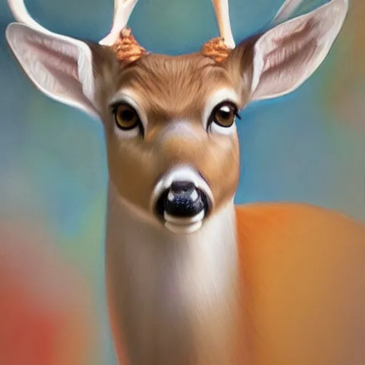 Prompt: photoreal painting of a white-tailed deer wearing a blue hoodie