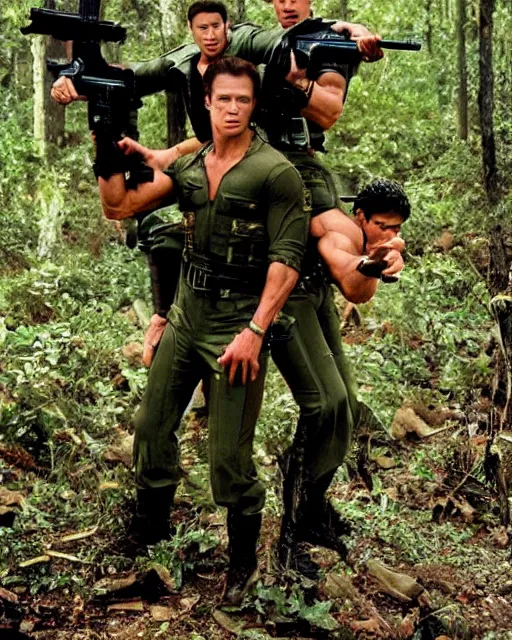 Image similar to photoshoot of commando versus rambo. young arnold schwarzenegger as matrix from the movie commando and young sylvester stallone as rambo, photoshoot in the style of annie leibovitz,