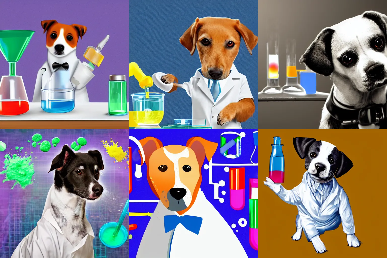 Prompt: cute dog in a lab coat, mixing chemicals,lab background, digital art