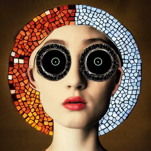 Image similar to portrait mosaic of a beautiful cute girl with robot ears and eyes by Emma Biggs, 4k, intricate details, digital, between heaven and hell