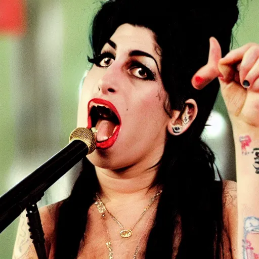 Prompt: Amy winehouse singing into a syringe