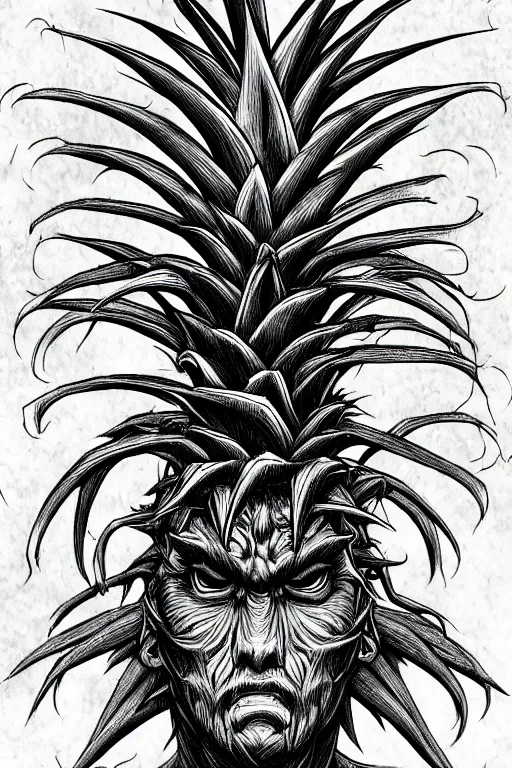 Image similar to pineapple humanoid figure monster, symmetrical, highly detailed, digital art, sharp focus, trending on art station, kentaro miura manga art style