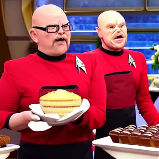 Prompt: Klingons!!! from Star Trek in a baking competition, still from The Great British Baking Show