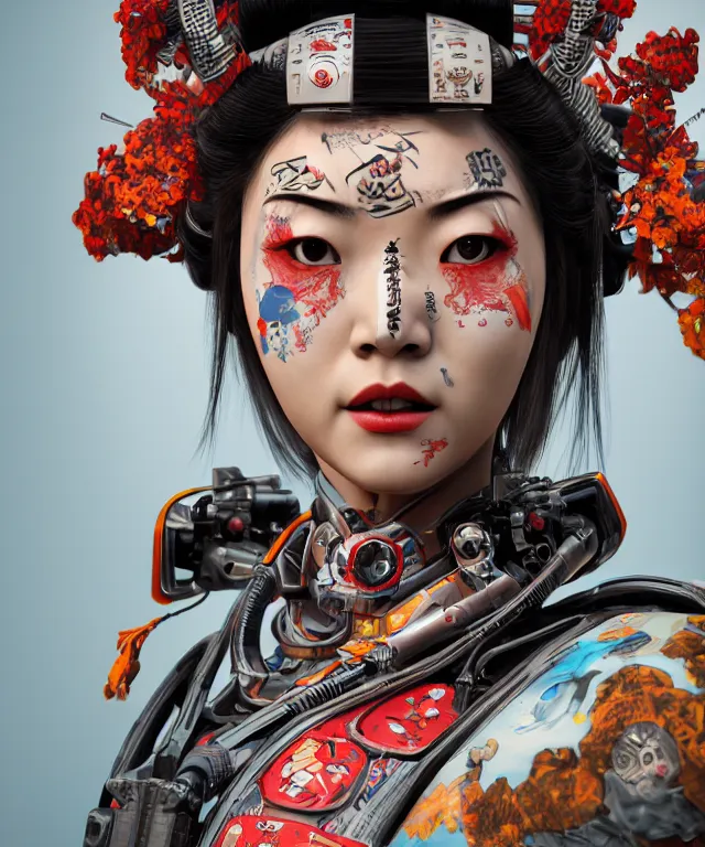 Image similar to an epic fantastic realism comic book style portrait painting of a japanese robotic geisha with kanji tattoos and decals, apex legends, octane render, intricate detail, 4 k hd, unreal engine 5