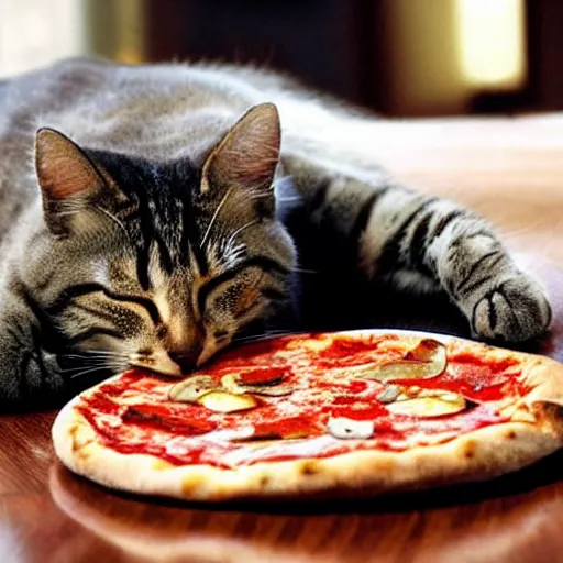 Prompt: a cat sleeping on a huge pizza