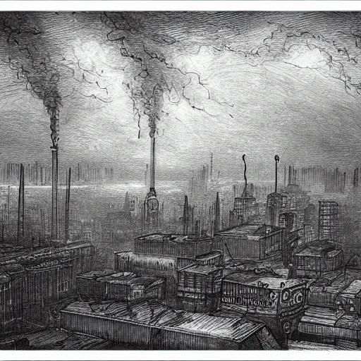 Prompt: dieselpunk city pollution river fog wires high detailed drawn by gustave dore perspective wide angle