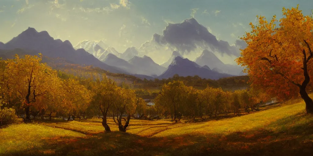 Prompt: A painting of winery in autumn, with a river winding through them. In the distance, there are mountains. by bob ross, Albert Bierstadt, immaculate scale, hyper-realistic, trending on Artstation, 8k, detailed, atmospheric, immaculate