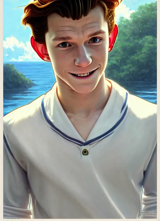 Prompt: cute tom holland wearing white sailor outfit on a steam boat, natural lighting, path traced, highly detailed, high quality, digital painting, by don bluth and ross tran and studio ghibli and alphonse mucha, artgerm