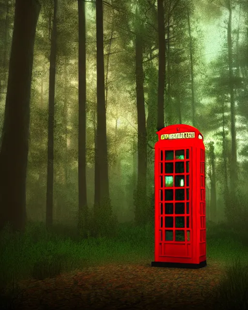 Image similar to bill and ted phone booth in the woods, hyper realism, cinematic, volumetric lighting, octane render, unreal engine, 8 k, concept art, digital art, deviantart artstation,