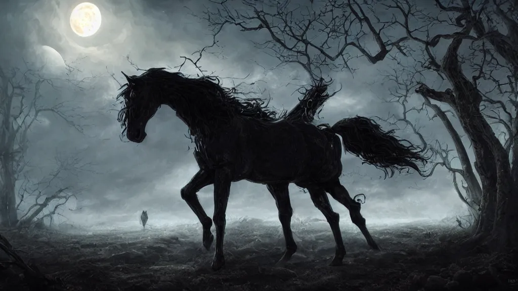 Prompt: rampant black horse with fiery eyes a headless colonial rider!!!! holds a ( jack - o - lantern ), background gnarled trees and large supermoon, in the styles of greg rutkowski, keith parkinson, and john quidor, intricate, detailed, volumetric lighting