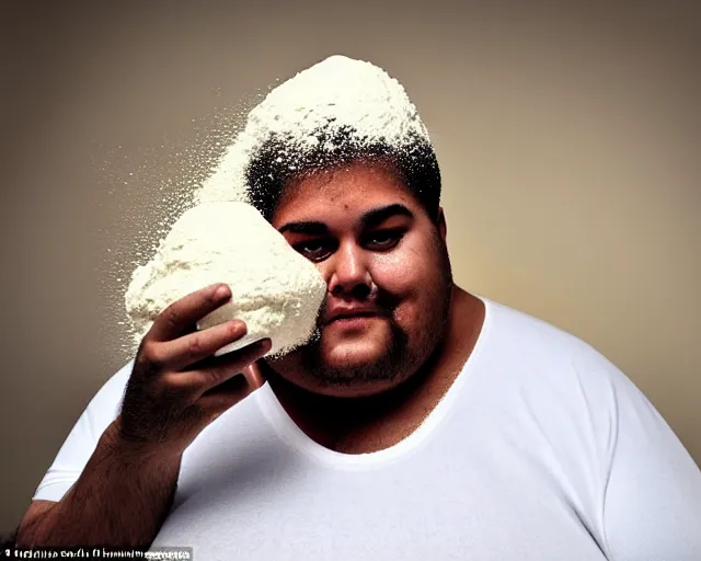 Prompt: Obese man with an afro eating as much flour and oil humanly possible, he weighs 900000000 pounds and is drinking oil from a pitcher