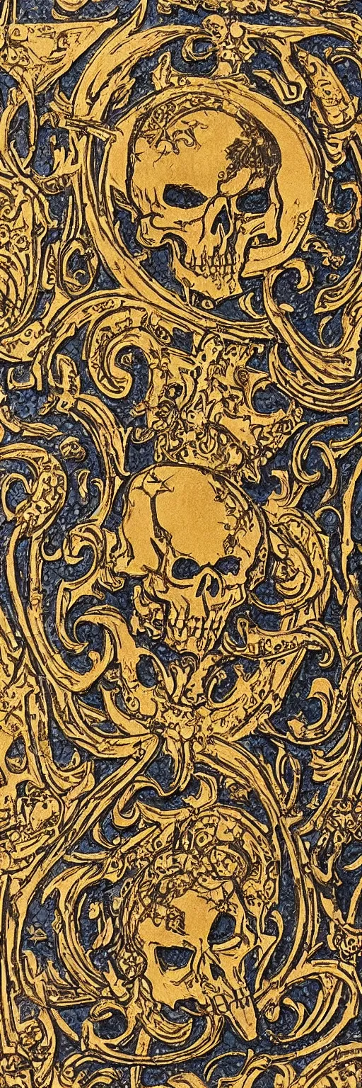 Image similar to magical medieval scroll containing myriad gold inlay symbols and sigils and one a single punisher skull emblem. detailed, high art, intricate, artisan