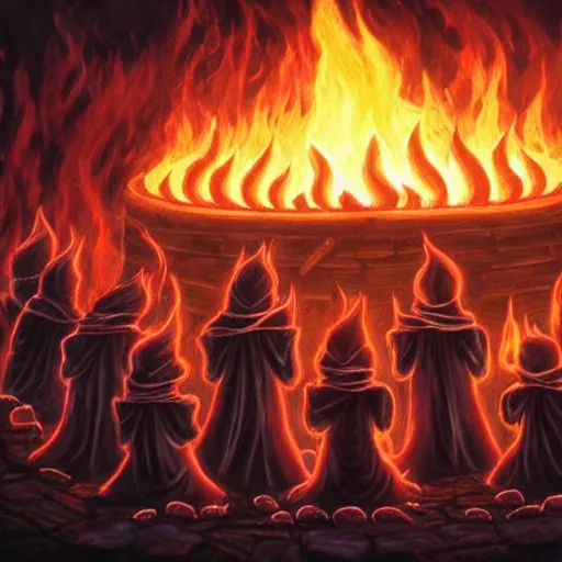 Image similar to a cult of black cloak wearing kittens summon a fire goddess from the depths of a raging fire pit, flames are emerging from fissures in the ground.