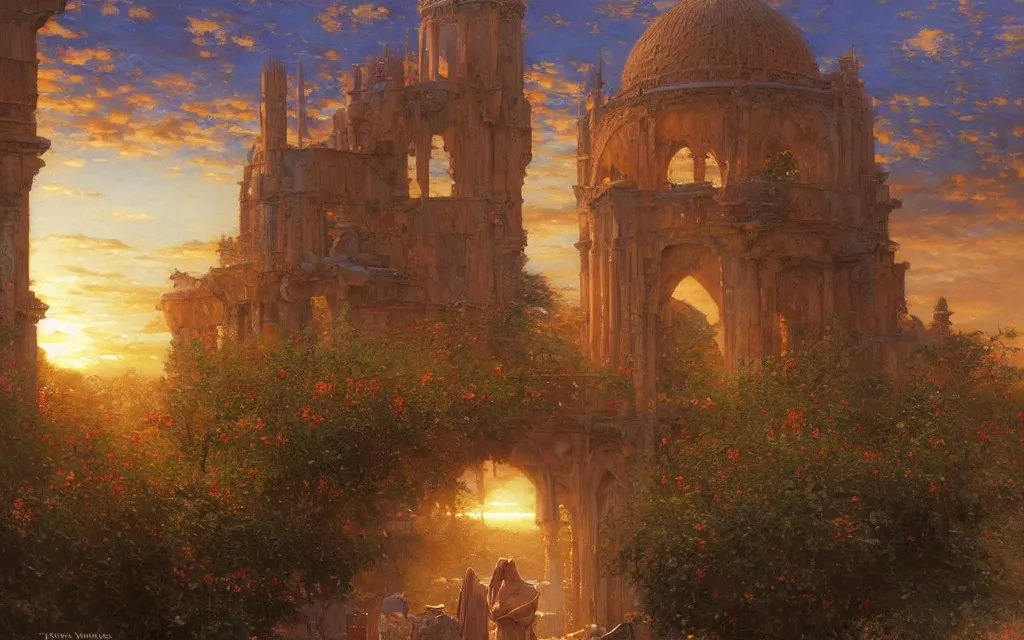 Image similar to a detailed oil painting by john williams waterhouse, thomas kincade, michael whelan and donato giancola of an arabian shrine, hyper detailed, hd, artstation, beautiful sunrise lighting