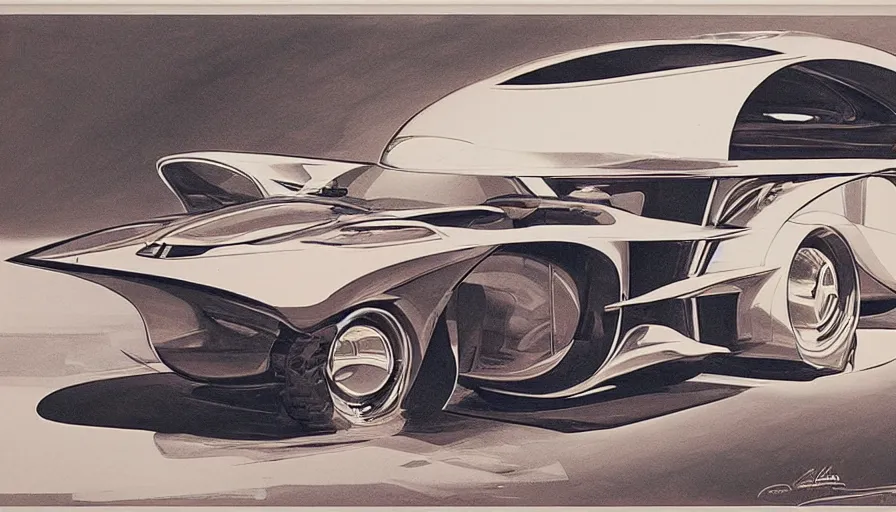 Prompt: 1955 concept drawing my Syd Mead of a futuristic van, full color catalog print