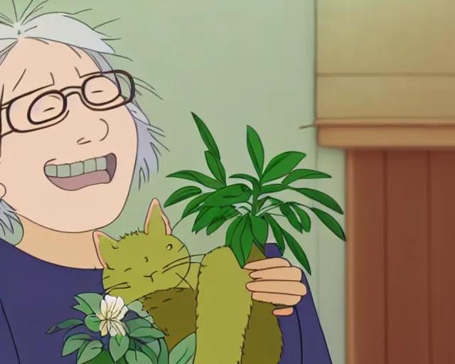 Prompt: fine details portrait of a joyful old lady and her plant cat, by Studio Ghibli. 8k, sharp high quality