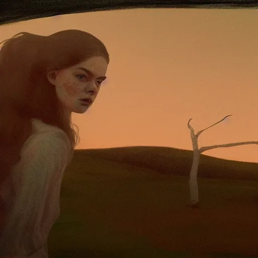 Prompt: Elle Fanning in the painted world of Hell, head and shoulders masterpiece, apocalypse, golden hour, cosmic horror, artstation, in the style of Andrew Wyeth and Edward Hopper and Bosch, extremely detailed